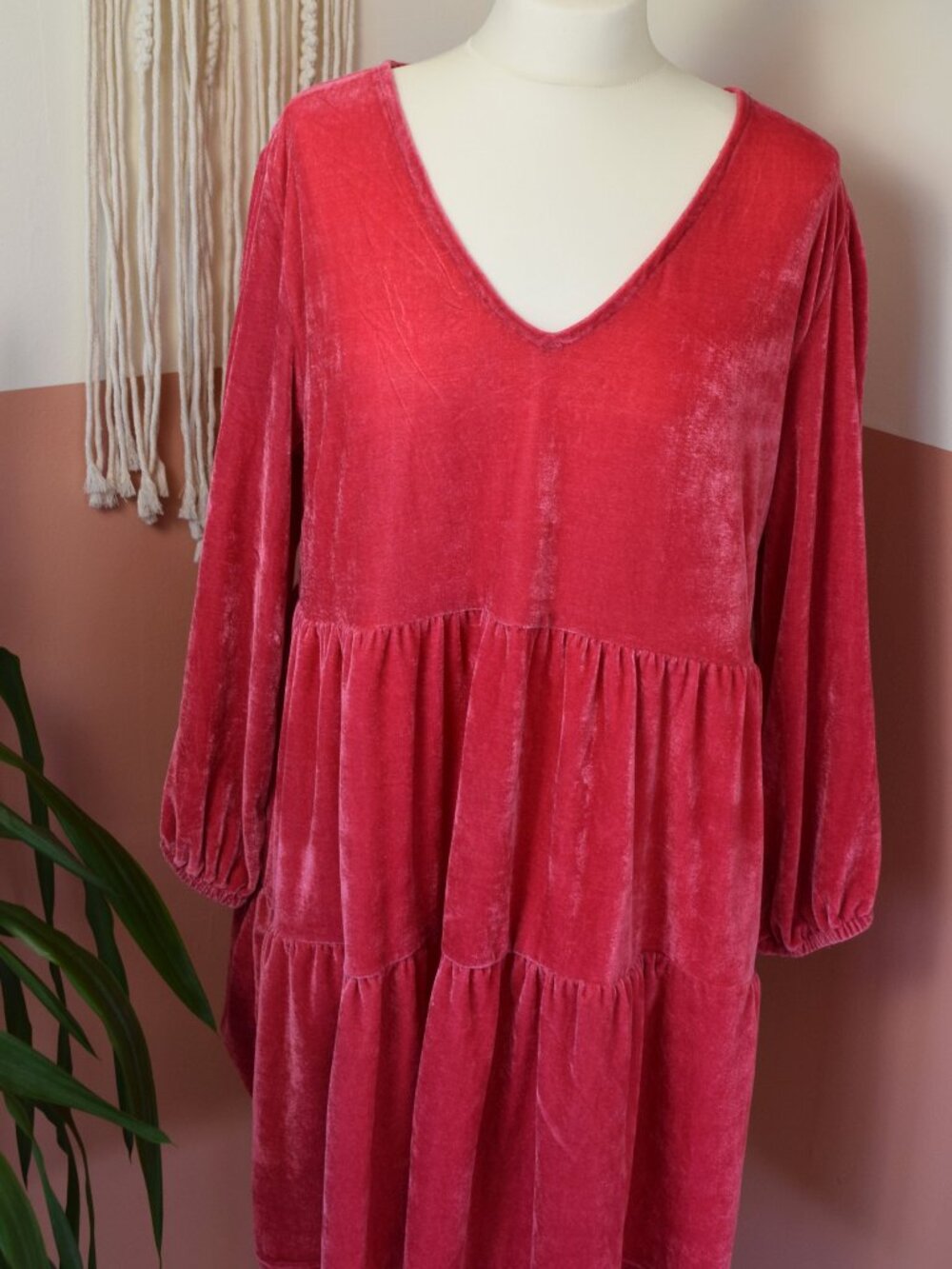 Umgee Pink Velvet Tiered Babydoll Mini Dress Long Sleeve L
